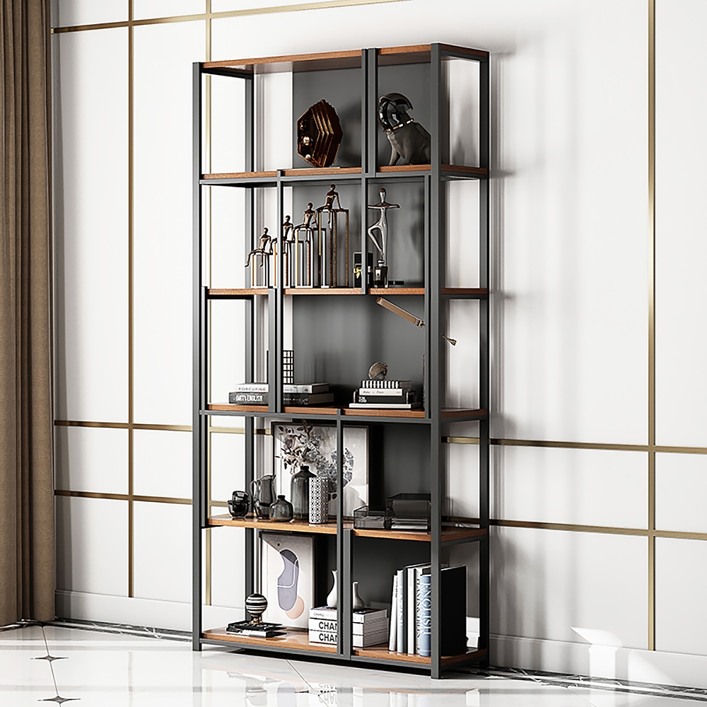 Estante de livros contemporânea Etagere de 5 camadas de 78,7" em preto e natural Imagem da janela