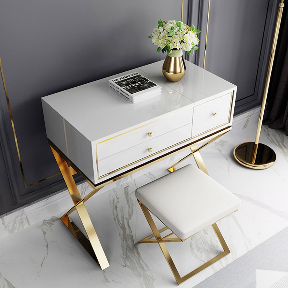 White Makeup Vanity Set Glossy Dressing Table with 2 Drawers in Gold Stool Included window image