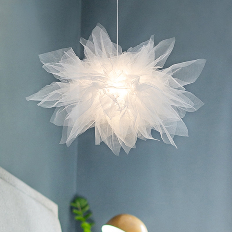 Modern Creative Flower Pendant Light Fabric Gauze Ceiling Light in White window image
