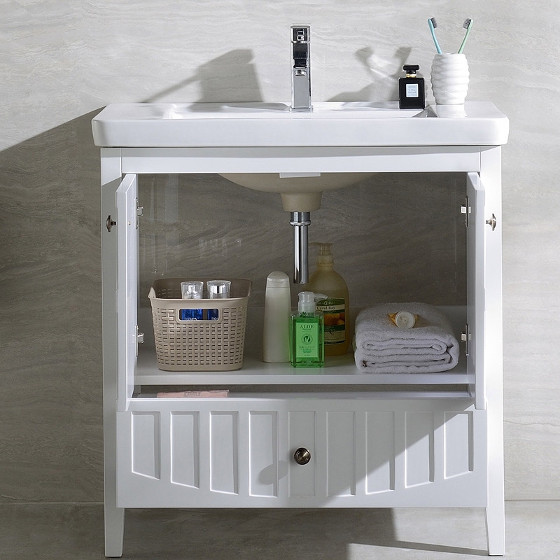 Modern White Bathroom Vanity Cabinet with Single Drop-In Sink Ceramic Top window image