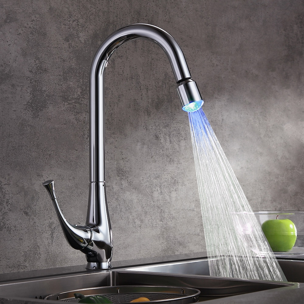 Peko LED Coloré Robinet Mitigeur de Cuisine avec Bec Pivotant Pull-down Arc Haut Levier Simple image de fenêtre