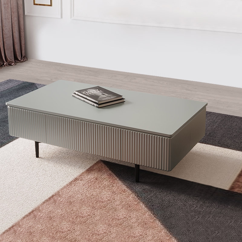Gray Rectangular Storage Coffee Table with Drawers Tempered Glass Tabletop Metal Legs window image
