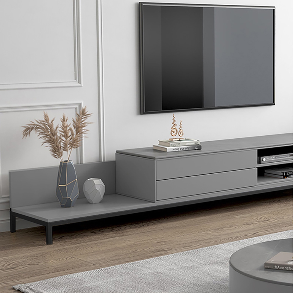 Minimalist Gray TV Stand Sintered Stone Extendable Media Console with Drawers & Shelf window image