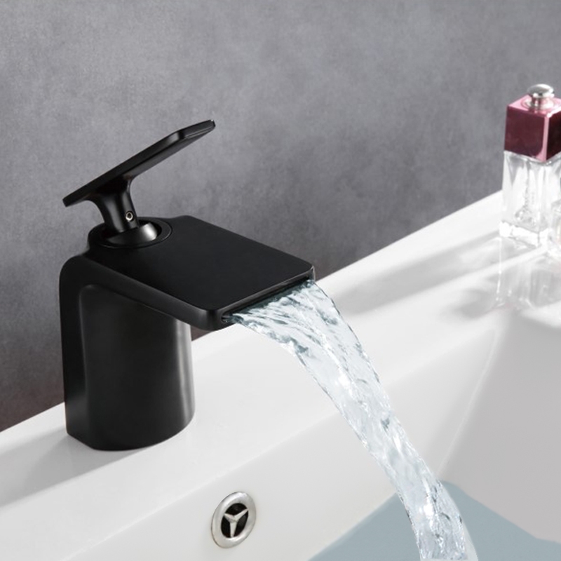Contemporary Waterfall Bathroom Sink Faucet Single Handle One-Hole Sink Faucet in Matte Black window image