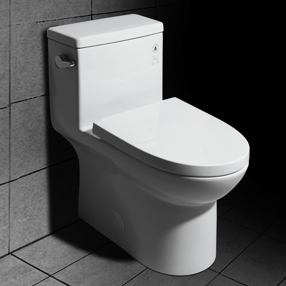 Modern One-Piece Single Flush 1.28 GPF Elongated Siphonic Toilet in White with Soft-Close Seat & Lid window image