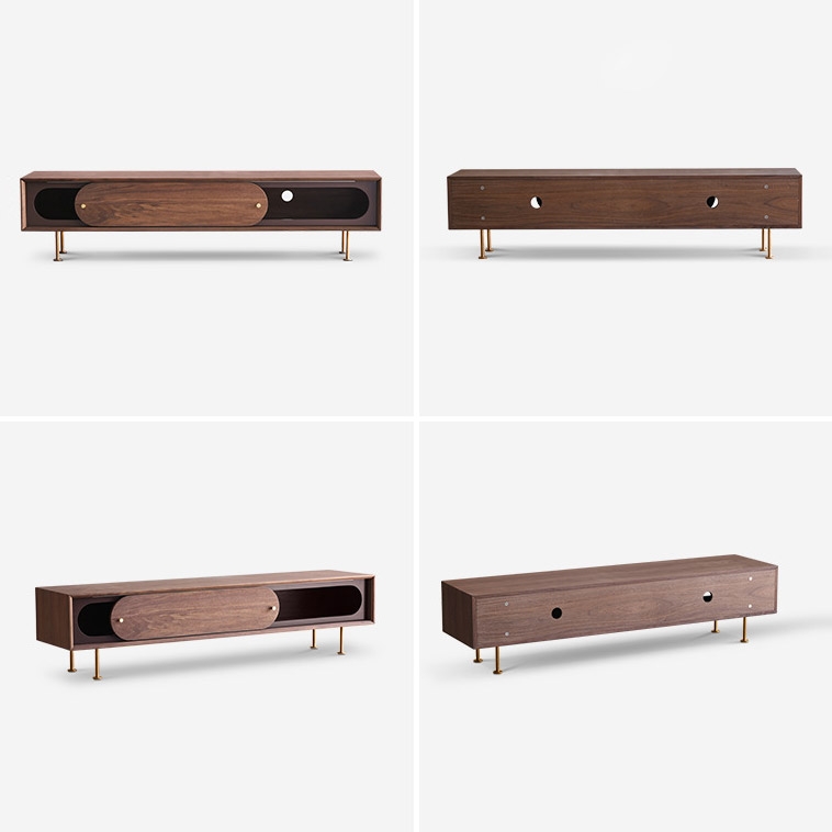 Rustic 72" Wood TV Stand with Storage Rectangular Media Cosole with Sliding Door in Walnut & Brass window image