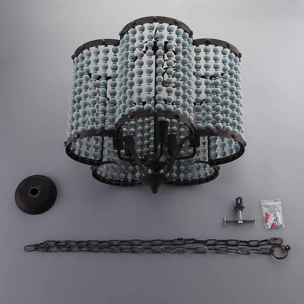 Malia Vintage Rustic 5-Light Distressed Wood Beaded Pendant Light Scalloped Light Metal in Rust
