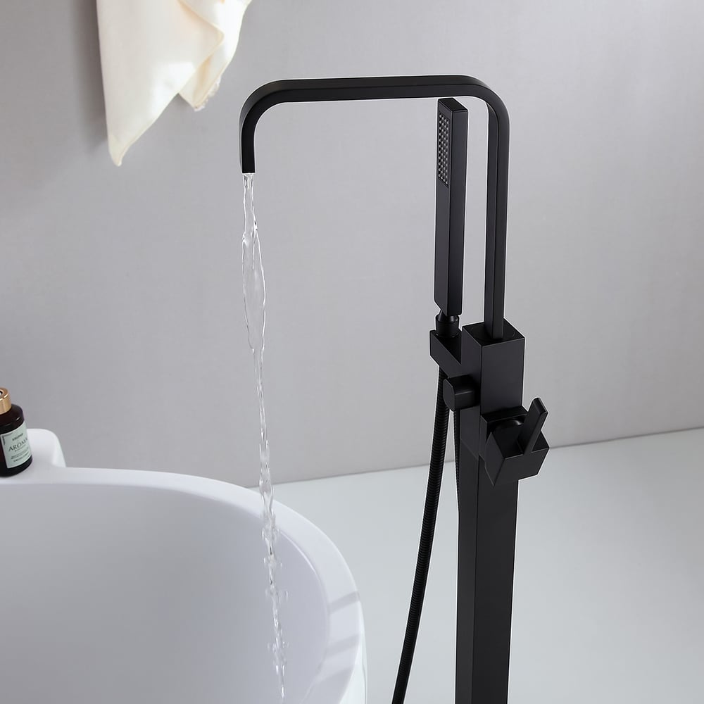 Dree Modern Matte Black Floor Mounted Freestanding Tub Faucet with Handheld Shower 1-Handle Solid Brass window image