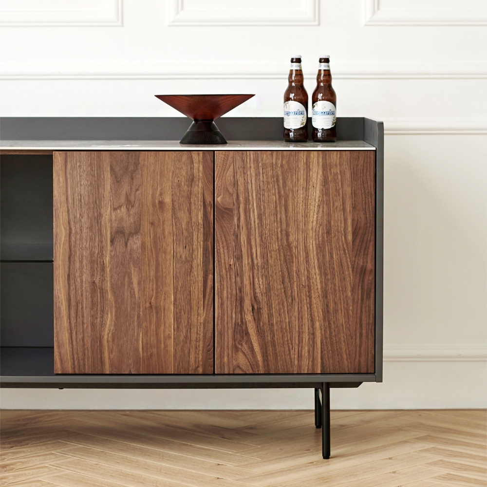 59" Walnut Sideboard Buffet Ceramics Top with Doors & Adjustable Shelves in Carbon Steel Legs window image