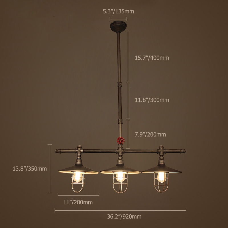 Enoch Industrial Loft Metal Water Pipe Cone Shade 3-Light Linear Island Pedant Light with Wire Cage in Gray window image
