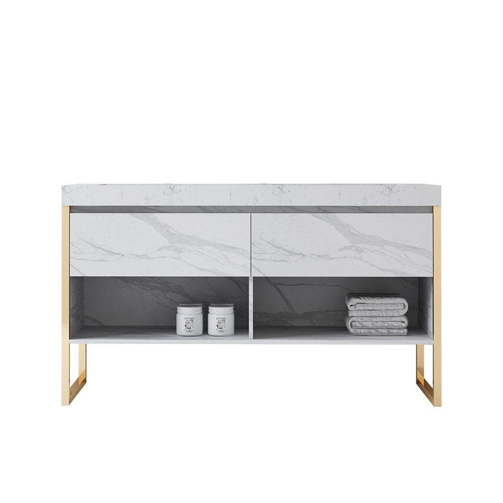 Modern White Double Sink Freestanding Bathroom Vanity Marble with Drawers window image