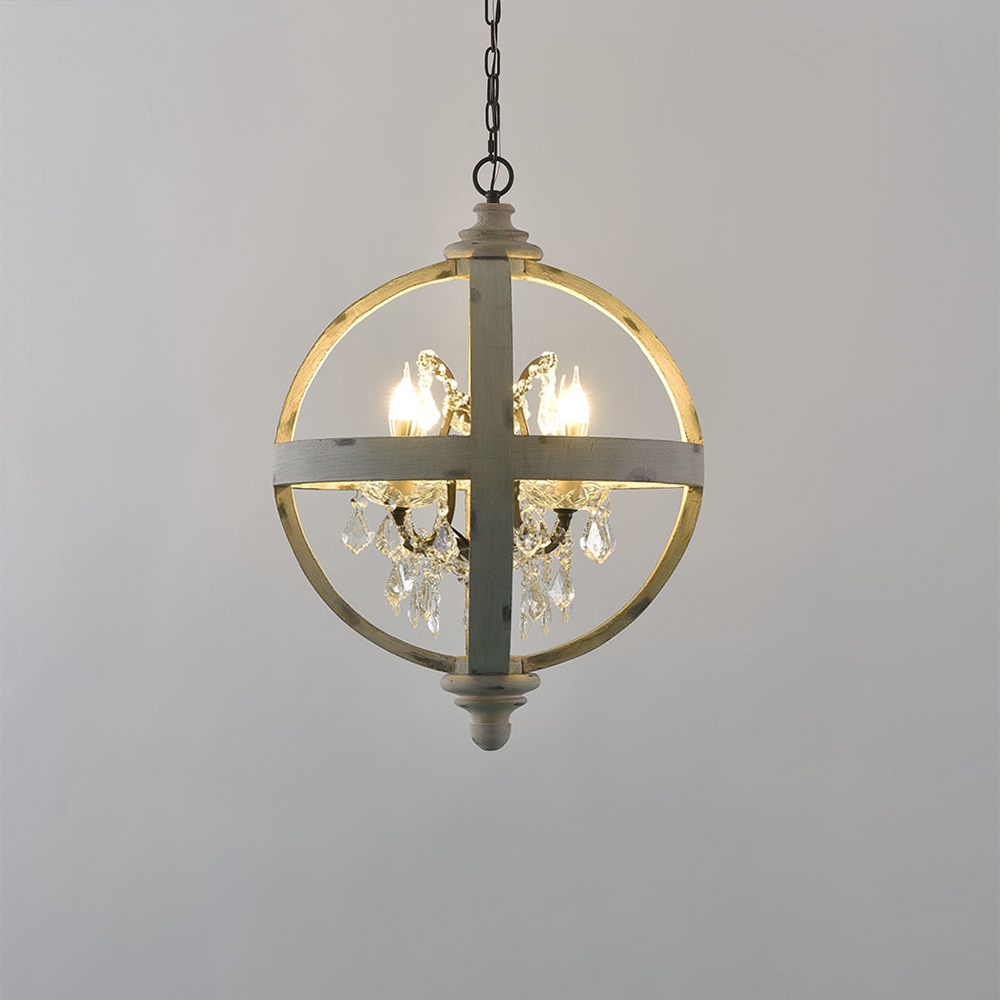 French Country Globe Chandelier 4-Light Wood Orb Crystal Chandelier Antique White window image