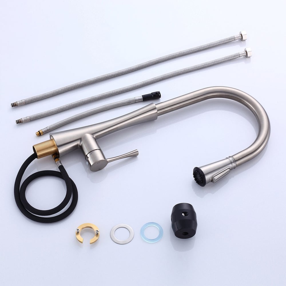 Moderne Monobloc Robinet Mitigeur de Cuisine Col de Cygne Pull Out Sprayer de 3-Fonctions Poignée Simple en Laiton Solide Nickel Brossé image de fenêtre