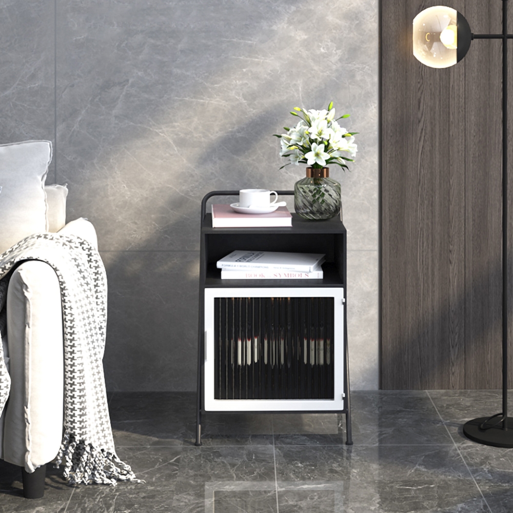 Black Square End Table with Glass Door & Open Storage Metal Bedside Table window image