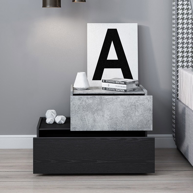 Modern 2-Drawer Nightstand in Overlapped Design Bedside Table in Black & Gray window image