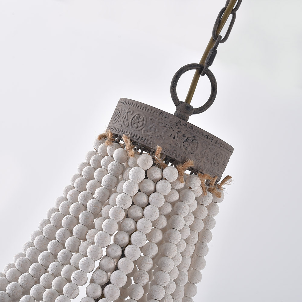 Vintage retro 3-licht wit gewassen oude houten kralen hanglamp rustieke smeedijzeren band in bruin Vensterafbeelding