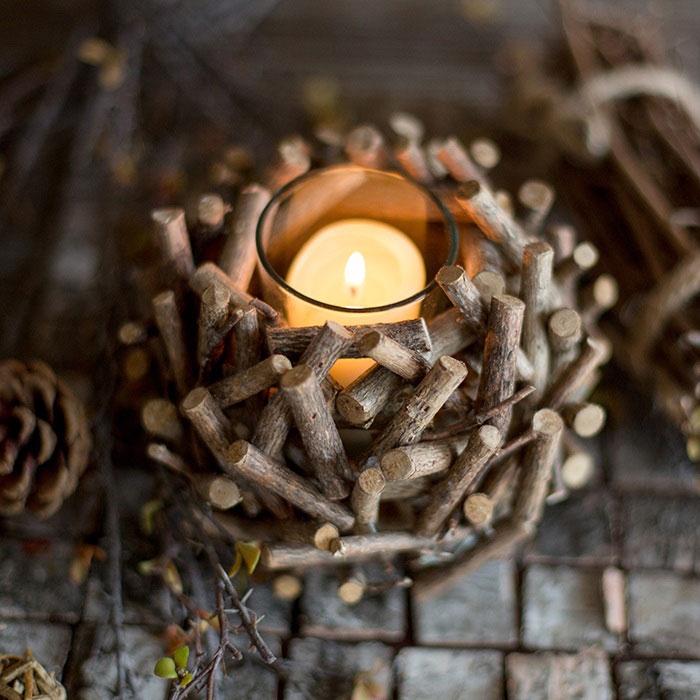 Vintage Rustic Style Solid Wood Decorative Candleholder Multi Twigs Bird Nest Shape Glass Tealight Holder Set of 3 window image