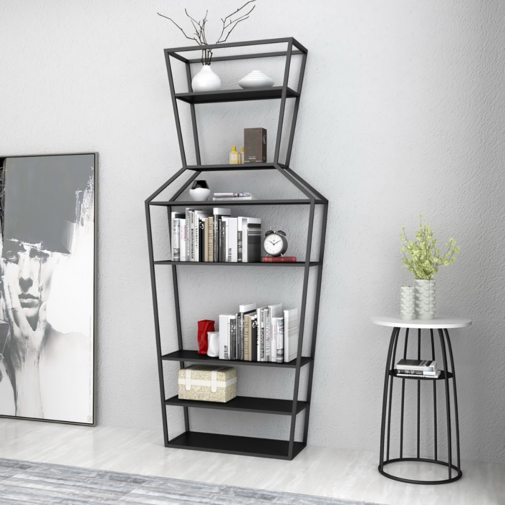 70" Black Metal Etagere Bookshelf Vase-Shaped Freestanding 7-Tier Shelf window image