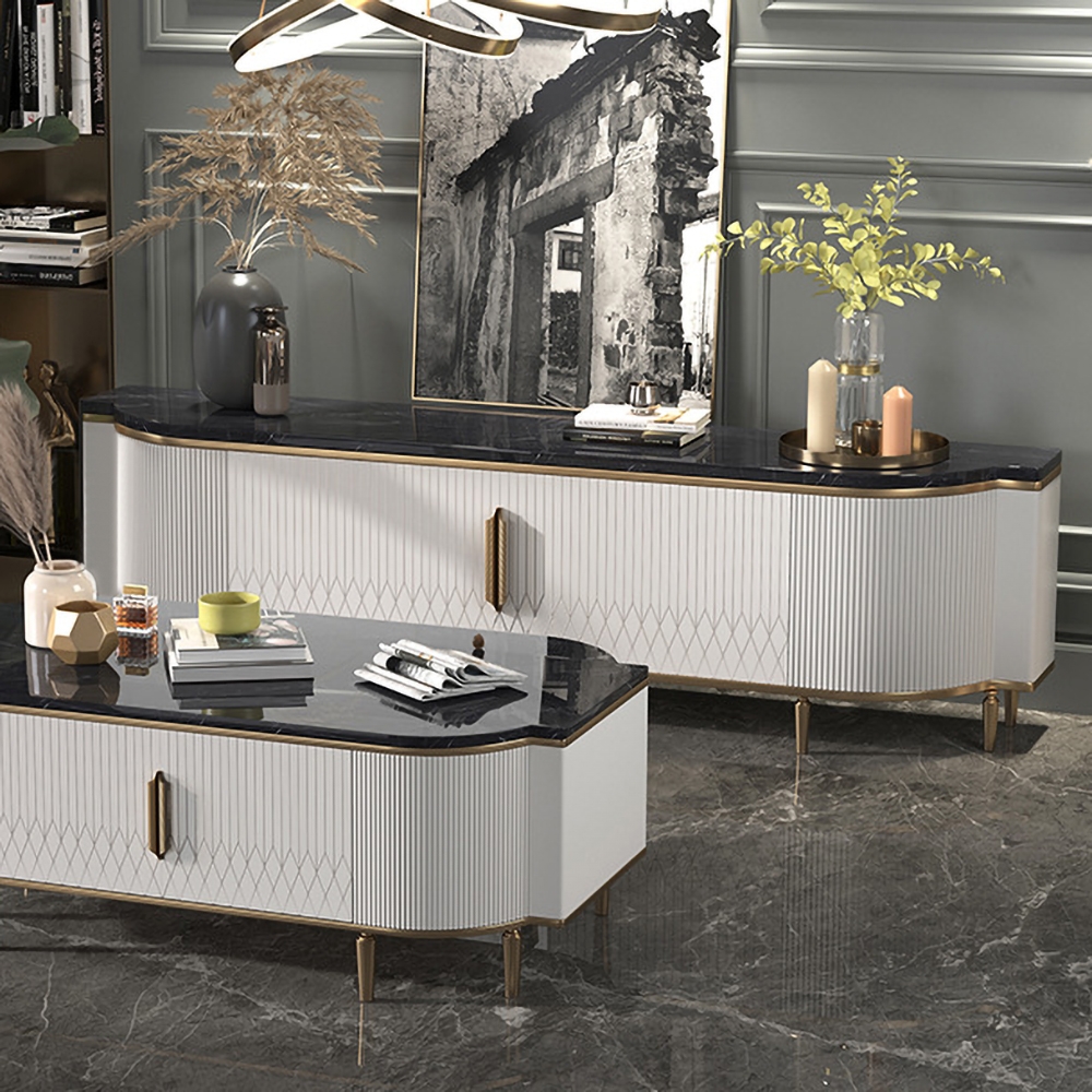 Modern TV Stand Black Faux Marble Top 2 Doors Console Media for TVs up to 85" window image