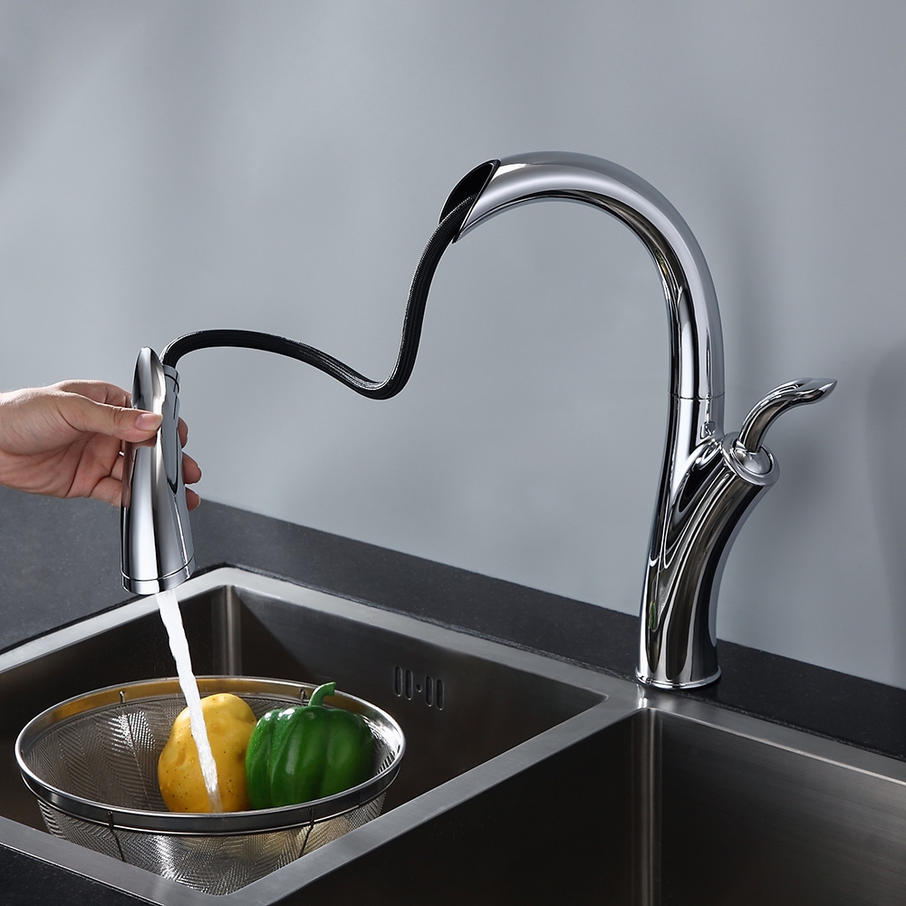 Mono Robinet de Cuisine Poignée Unique à Tirer vers Le Bas Robinet à Arc Élevé Chrome cUPC Certifié image de fenêtre