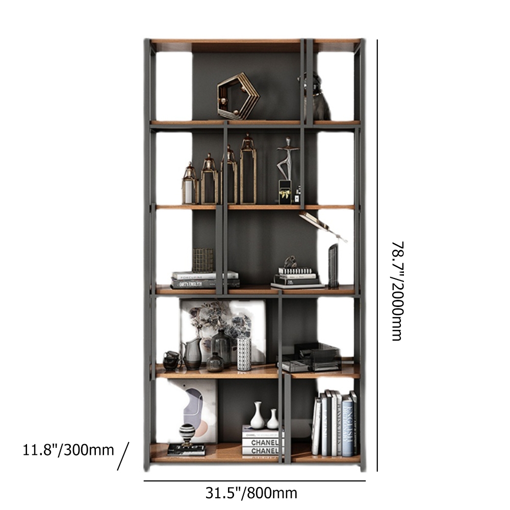 Estante de livros contemporânea Etagere de 5 camadas de 78,7" em preto e natural Imagem da janela