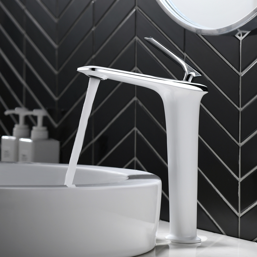 Modern White and Chrome Single Hole Single Handle Brass Vessel Bathroom Sink Faucet window image