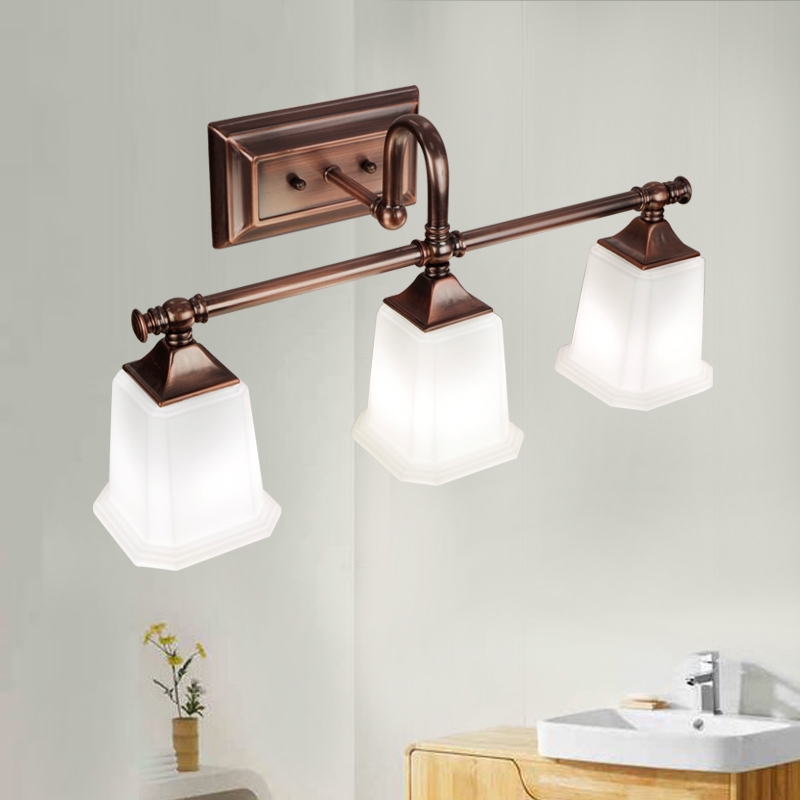 Retro Classic Antique Copper White Glass Square Shade 3-Light Indoor Lighting Bath Vanity Light window image