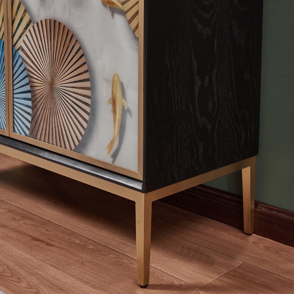 Luxury Sideboard Glass Drawing Panel Buffet with Doors and Shelves Gold Finish in Small window image