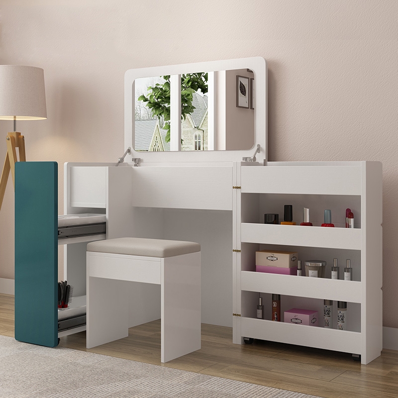 Modern Expandable Vanity Table Multifunctional Vanity Set with Stool And Flip-Top Mirror White & Green window image