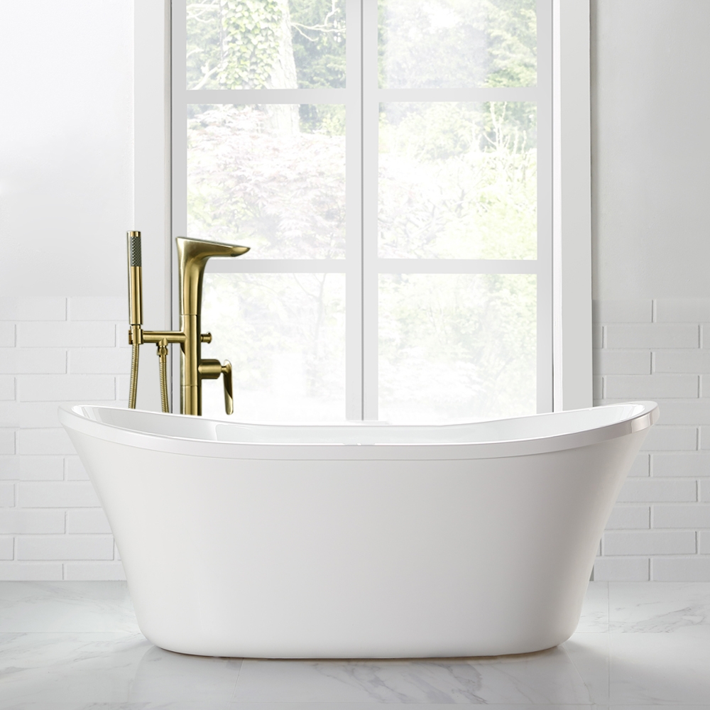 Modern Freestanding Tub Faucet Floor Mounted Tub Filler Swivel Spout with Handshower Brushed Gold Solid Brass window image