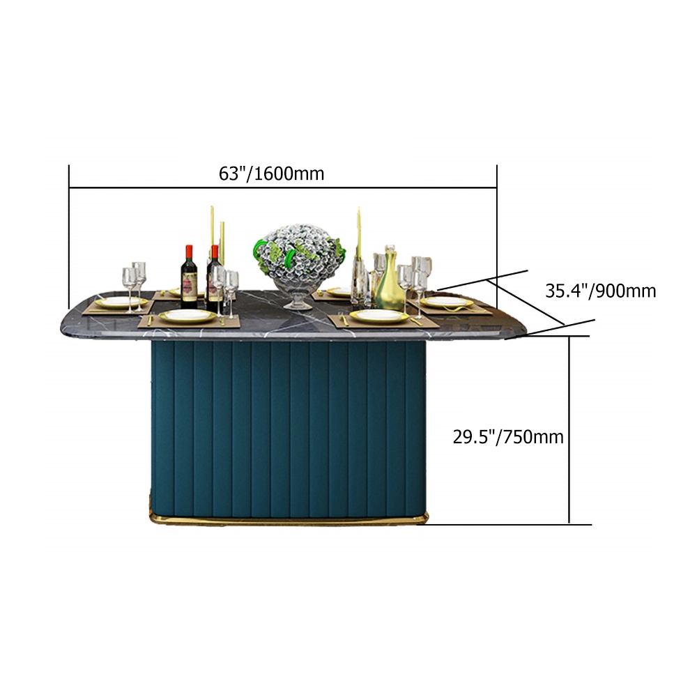 Black Faux Marble Rectangle Dining Table with Storage Blue PU Leather window image