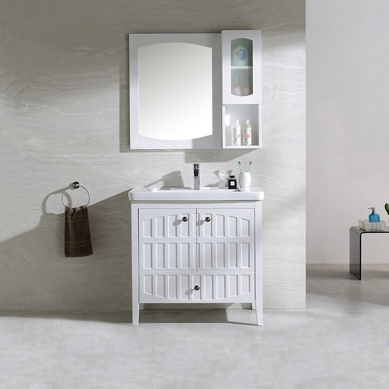 Modern White Bathroom Vanity Cabinet with Single Drop-In Sink Ceramic Top window image