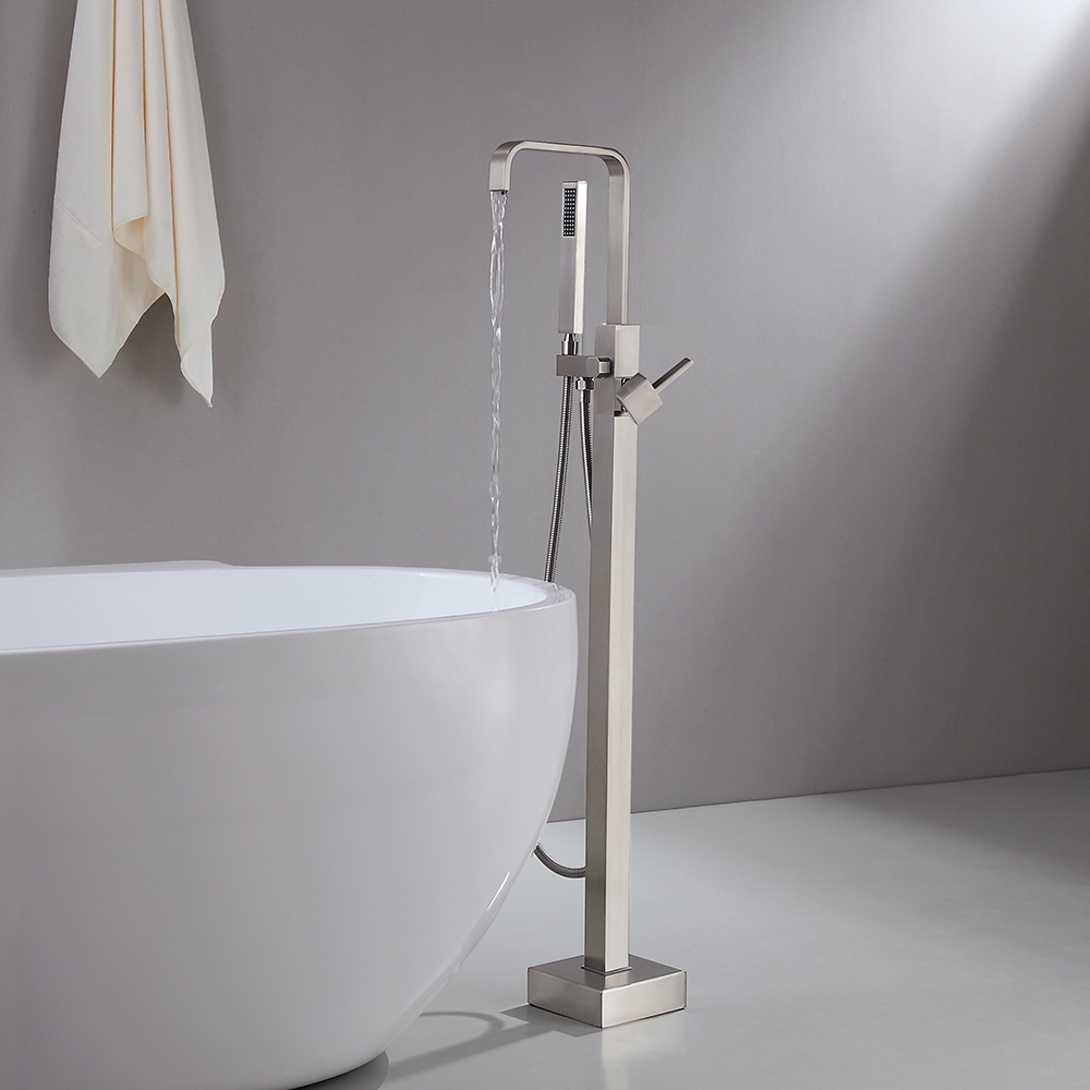 Dree Brushed Nickel Floor Mount Modern Tub Filler Faucet & Hand Shower Single Handle Solid Brass window image