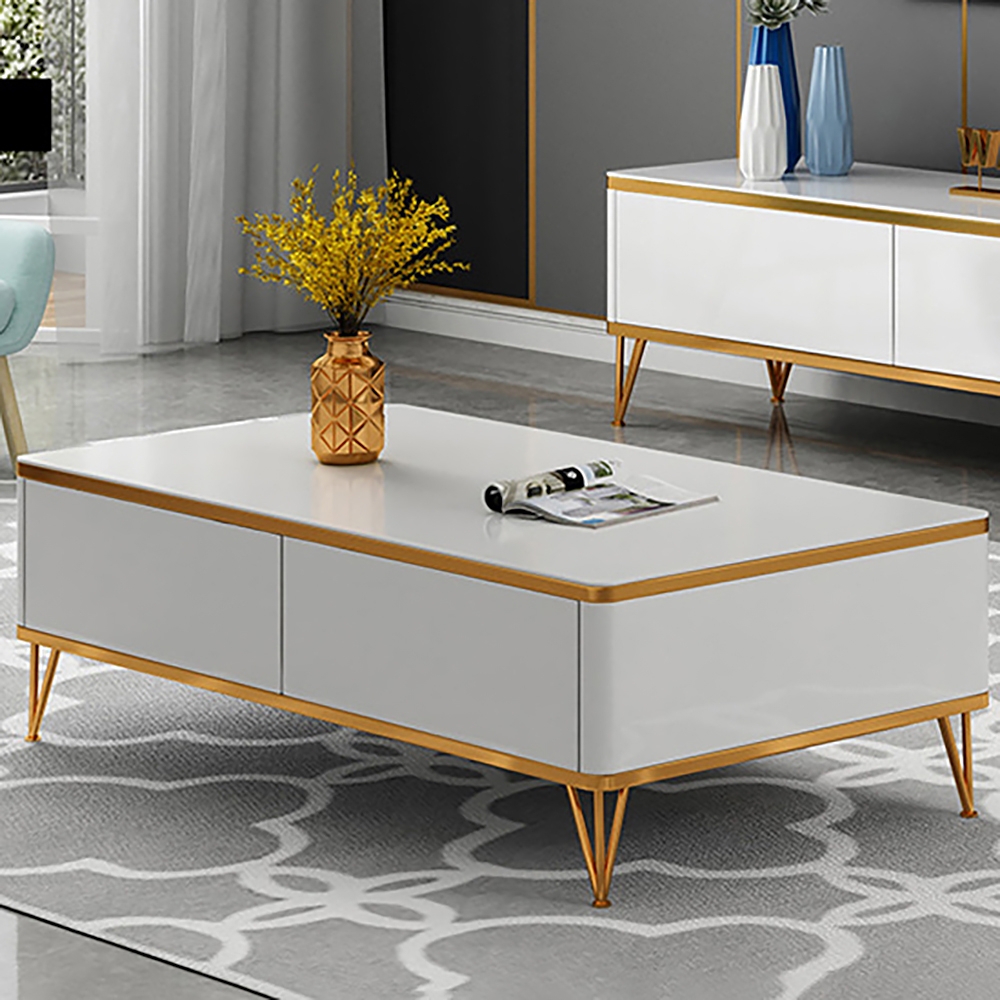 Modern White Rectangular Coffee Table with 4-Drawer Storage Gold Base window image