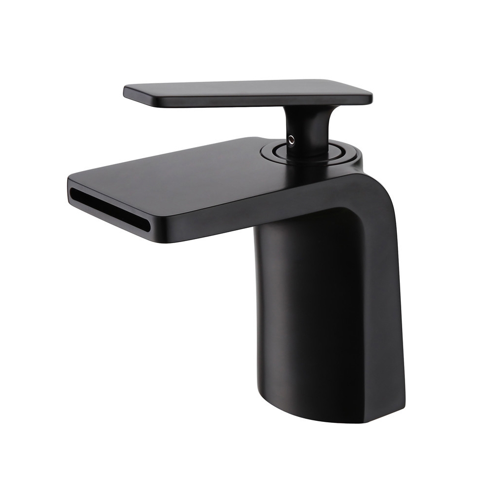 Contemporary Waterfall Bathroom Sink Faucet Single Handle One-Hole Sink Faucet in Matte Black window image
