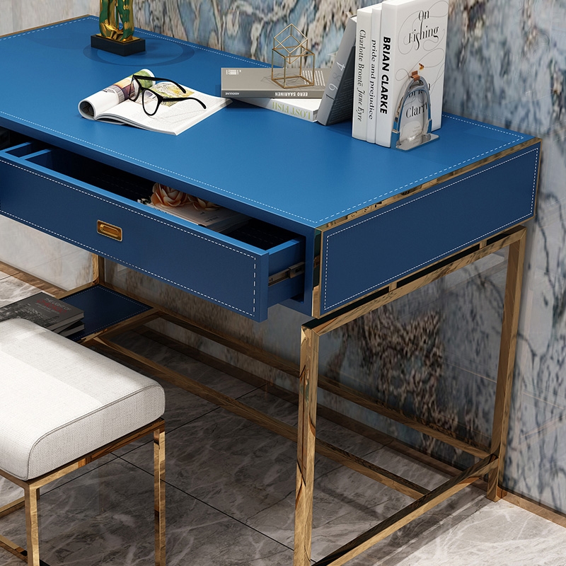 Modern Blue Faux Leather Office Desk Computer Desk with Drawers & Shelf in Gold Finish window image