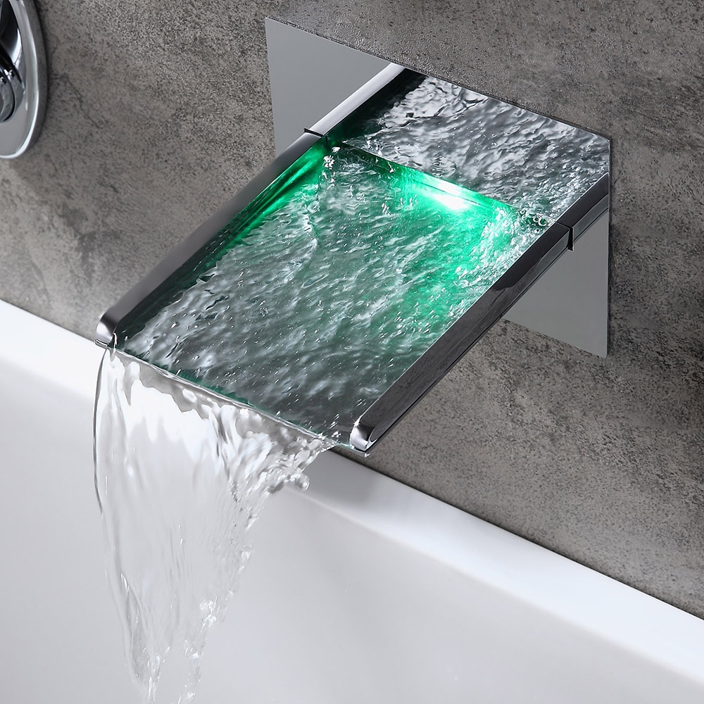 Koko Modern Polished Chrome Wall Mounted LED Waterfall Roman Tub Filler Faucet Hand Shower Set Solid Brass window image
