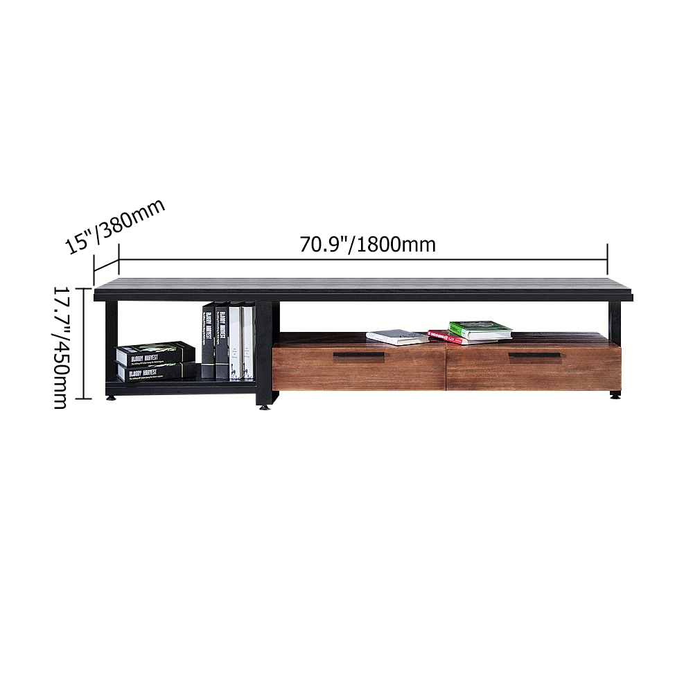 71" Industrial TV Stand Walnut Color and Black with 3 Drawer and Open Shelf window image