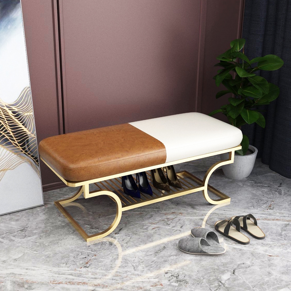 Modern Upholstered Bench Brown & White PU Leather Bench with Shoe Storage window image