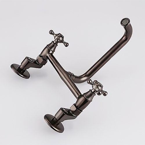 Classic Aerated Spout Wall-Mounted Double Cross Handle Kitchen Faucet Solid Brass in Oil Rubbed Bronze window image