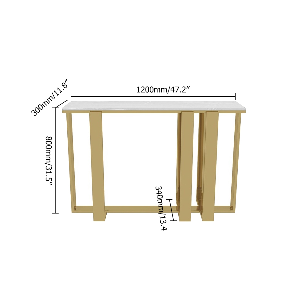 Modern White Sintered Stone Narrow Console Table Rectangle Gold Finish window image