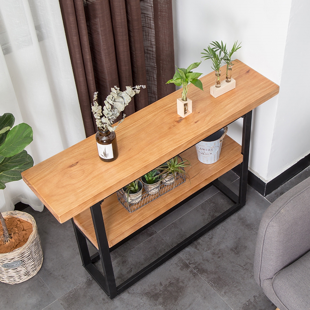 1000mm Retro Narrow Wooden Console Table with Shelf Metal in Black Finish window image