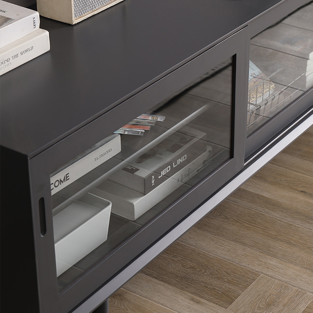 Modern Grey TV Stand Rectangle Media Console with Sliding Glass Doors & 2 Doors Small window image