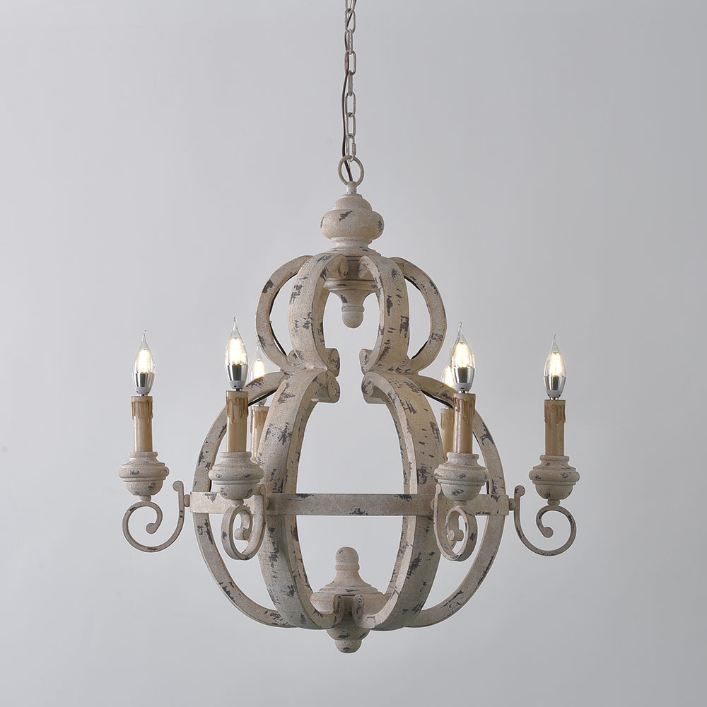 Farmhouse French Candle Style Distressed White Sphere 6-Light Chandelier Wood and Metal window image