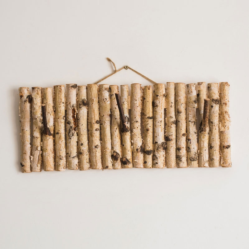 Farmhouse Rustic Rectangular Natural Birch Wood Coat Rack Wall Mounted Hook Rack with 2 Hooks window image