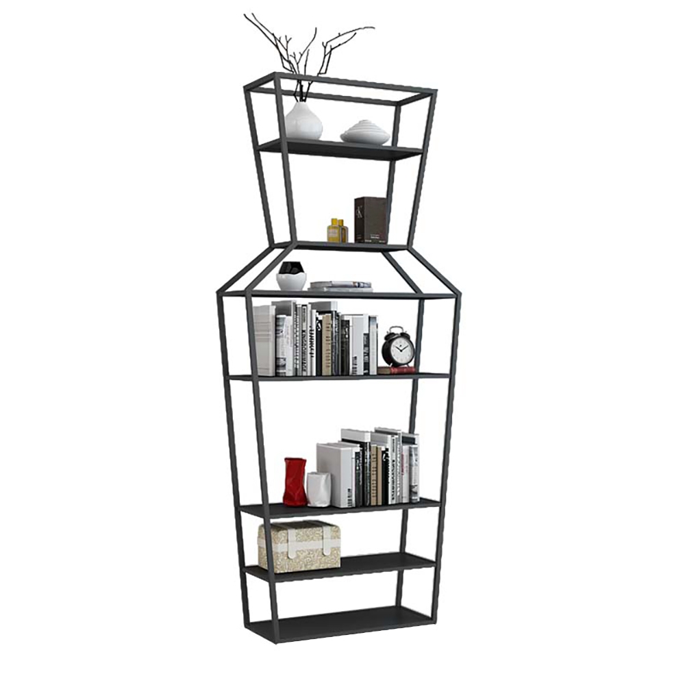 70" Black Metal Etagere Bookshelf Vase-Shaped Freestanding 7-Tier Shelf window image