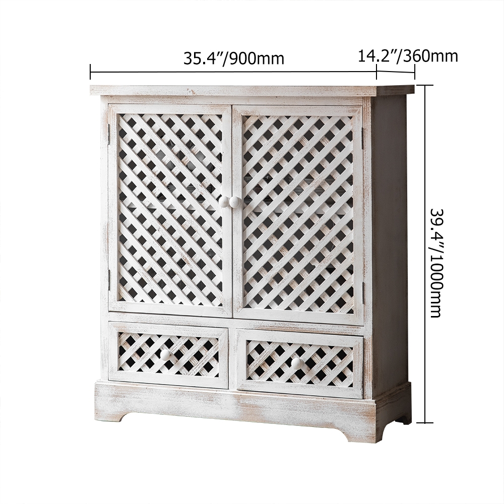 Cottage Distressed White Cabinet Hollowed-Out with Drawers & Shelf & Doors window image