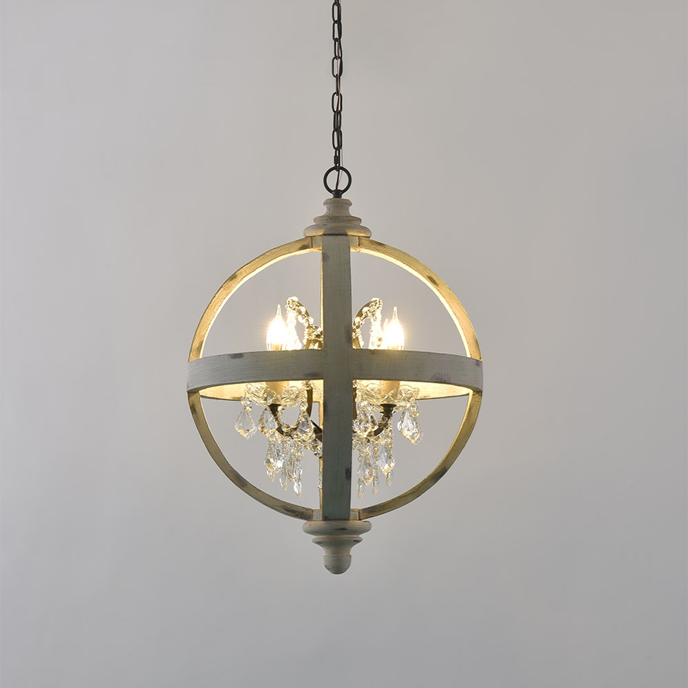 French Country Globe Chandelier 4-Light Wood Orb Crystal Chandelier Antique White window image