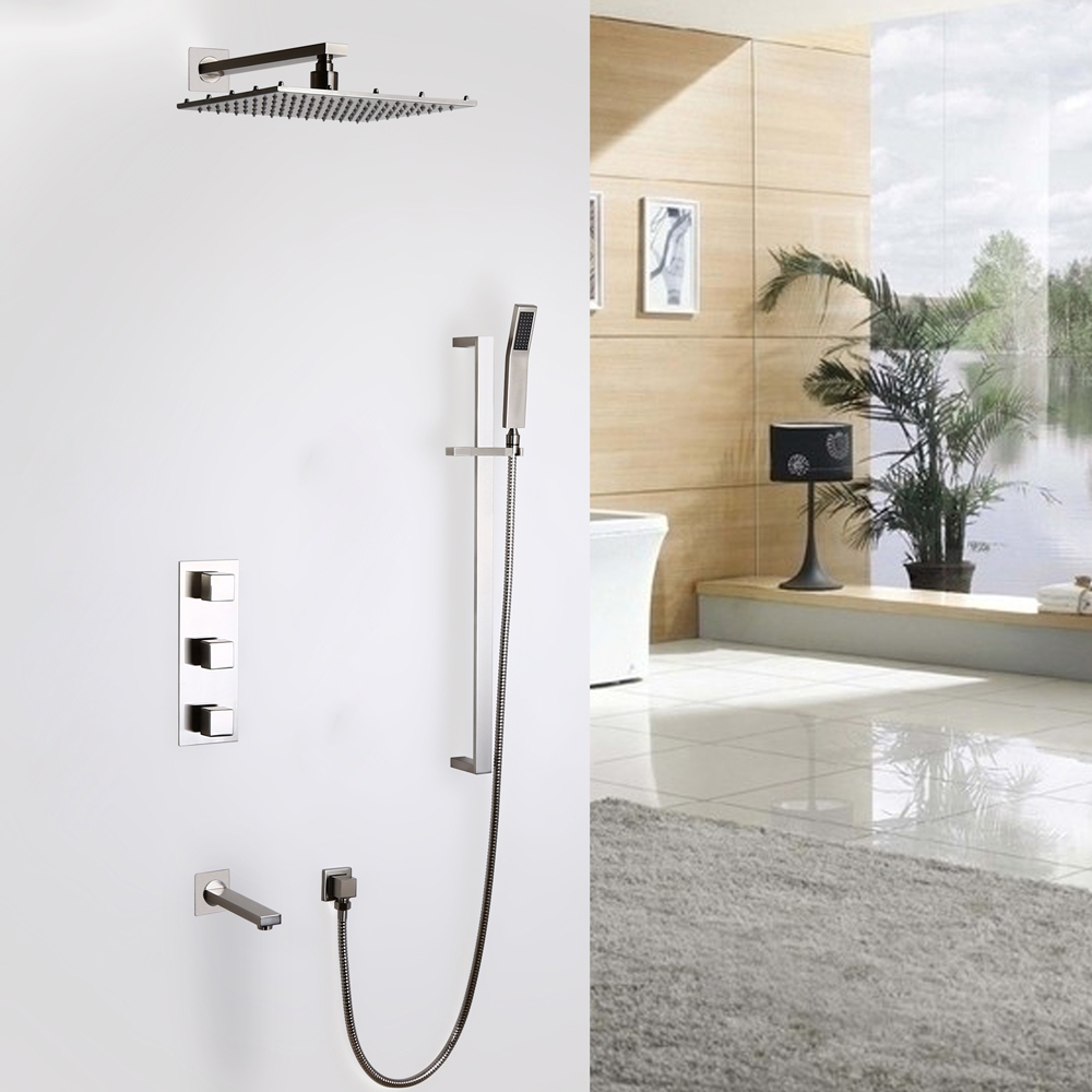 Contemporary 16X32 Inches Brushed Nickel Wall Mounted LED Thermostatic Rainfall Shower System with Hand Shower & Tub Spout window image