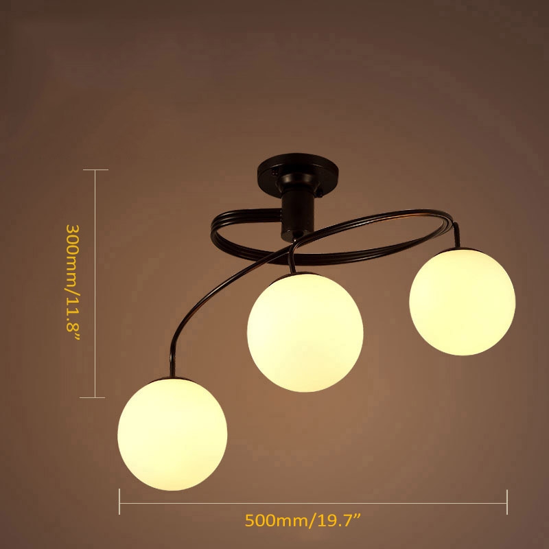 Modern Globe Glass Shade Black Metal Swirl Arm 3-Light Semi Flush Mount Ceiling Light window image
